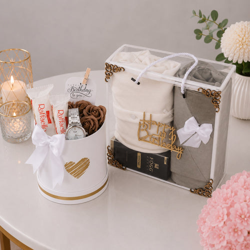 Birthday Duo Gift Set with Watch Raffaello Chocolates Towels and Perfume