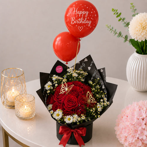 Red Rose Birthday Bouquet with Balloon Surprise