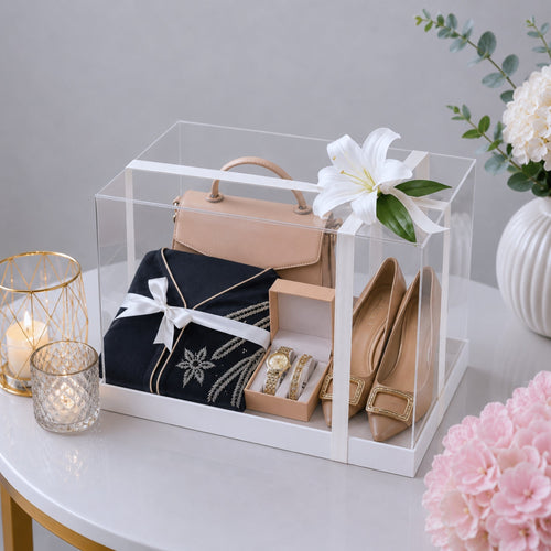 Luxury Ladies Gift Box with Embroidered Dress Nude Heels Bag and Gold Color Watch Set