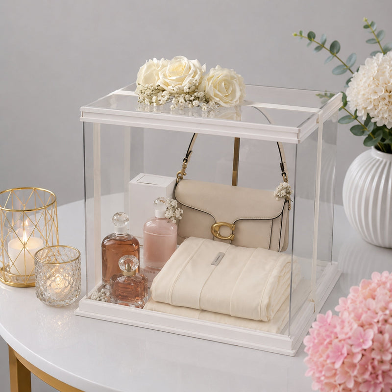 Luxury Cream Handbag and Perfumes Lotion Gift Box with White Roses and Towel