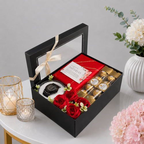 Birthday Gift Box with Suit,Watch Red Roses and Ferrero Rocher
