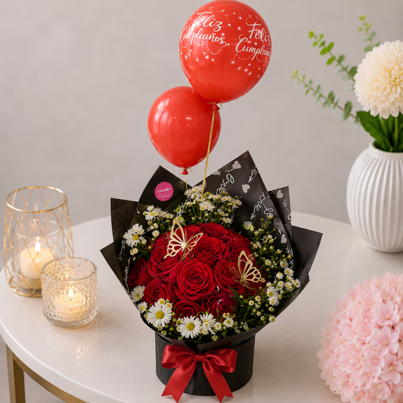 Red Rose Birthday Bouquet with Balloon Surprise