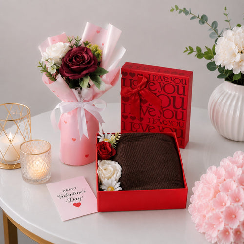 Happy Valentine's Day Gift Set with I Love You Box Knit Sweater and Rose Bouquet