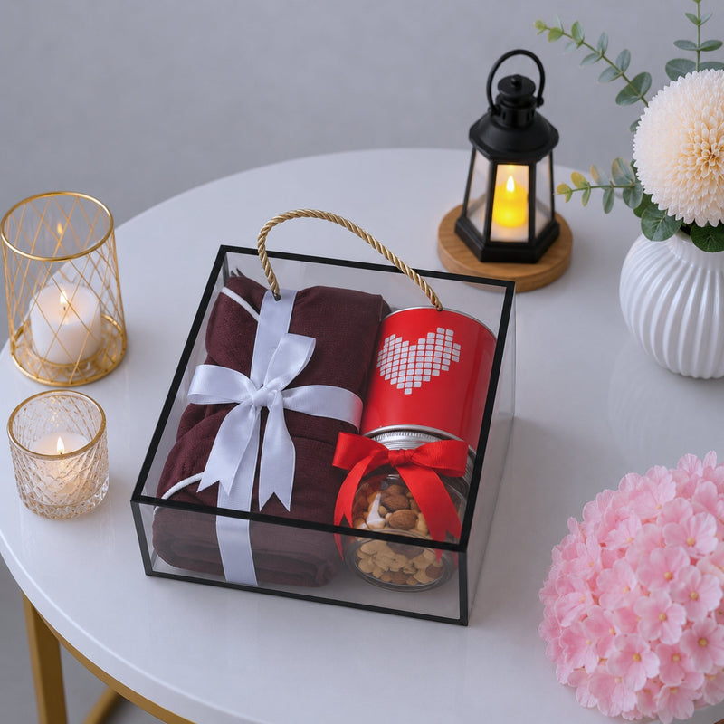 Cozy Gift Set with Burgundy Shawl and Pixel Heart Mixed Nuts Tins
