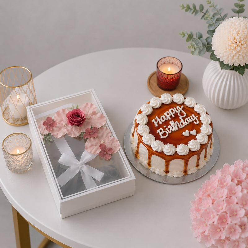Birthday Caramel Drip Cake with Pink Hydrangea Flower Box Watch and Wallet