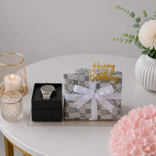 Men's Birthday Watch and Wrapped Gift Set with Happy Birthday Sign