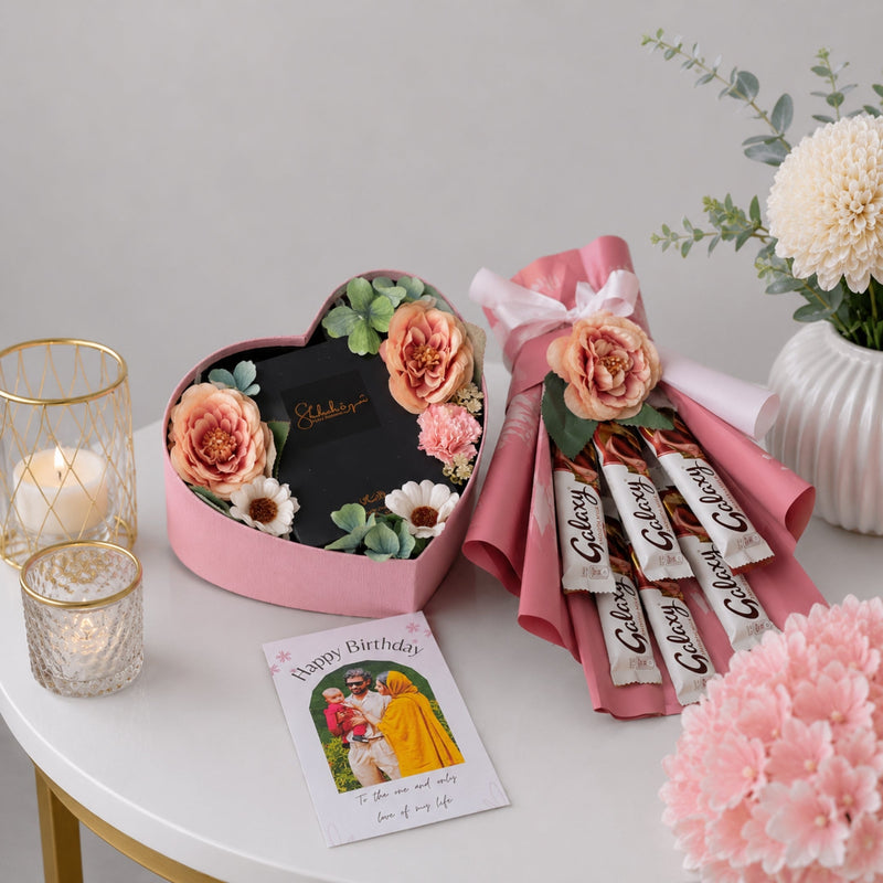 Birthday Gift Set with Personalised Wallet Peony Heart Box and Galaxy Chocolate Bouquet