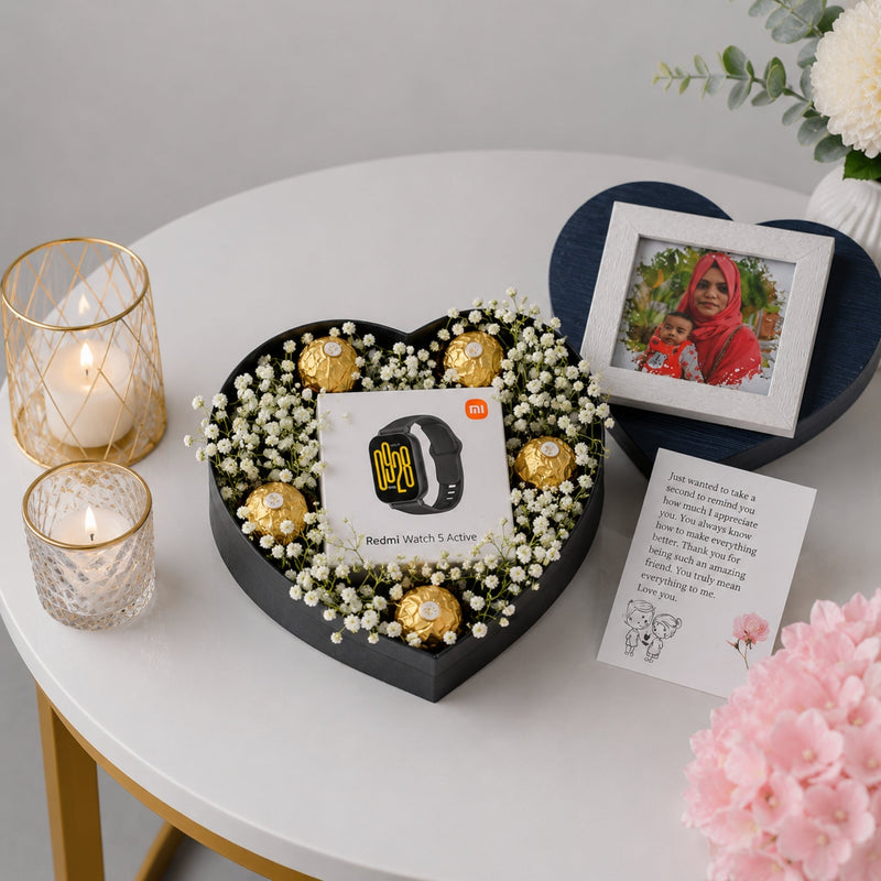 Redmi Smartwatch Heart Box Gift Set with Ferrero Rocher and Personalised Photo Frame