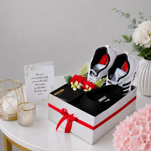 Men's Birthday Gift Box with Sports Sneakers, Wallet, Black Shirt and Romantic Message Card