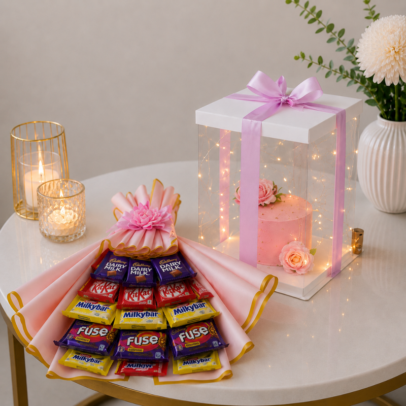Chocolate Bouquet and Pink Fairy Light Cake Combo