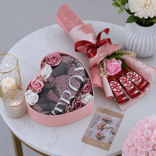 Anniversary Heart Box with Printed Outfit Pink Roses and KitKat Chocolate Bouquet