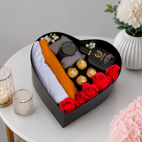 Men's Heart Gift Box with Watch Denver Perfume Zellbury T-shirts Ferrero Rocher and Red Roses