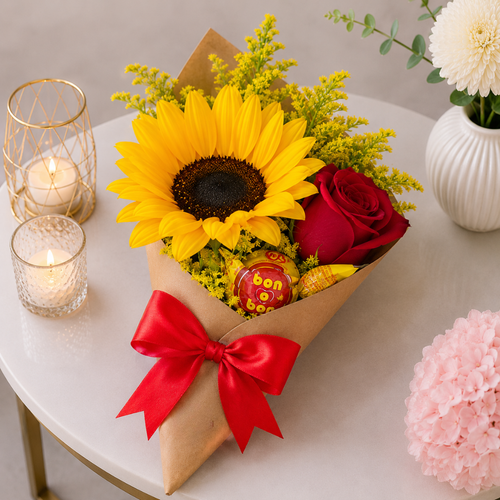 Artificial Sunflower Red Rose and Bon Bon Candy Bouquet
