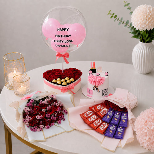 Long Distance Birthday Mega Gift Set with Bobo Balloon Heart Rose Box Cake and Chocolates