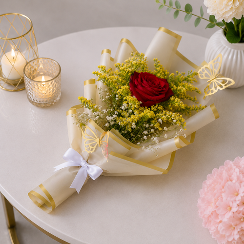 Elegant Single Red Rose Gold Butterfly Bouquet