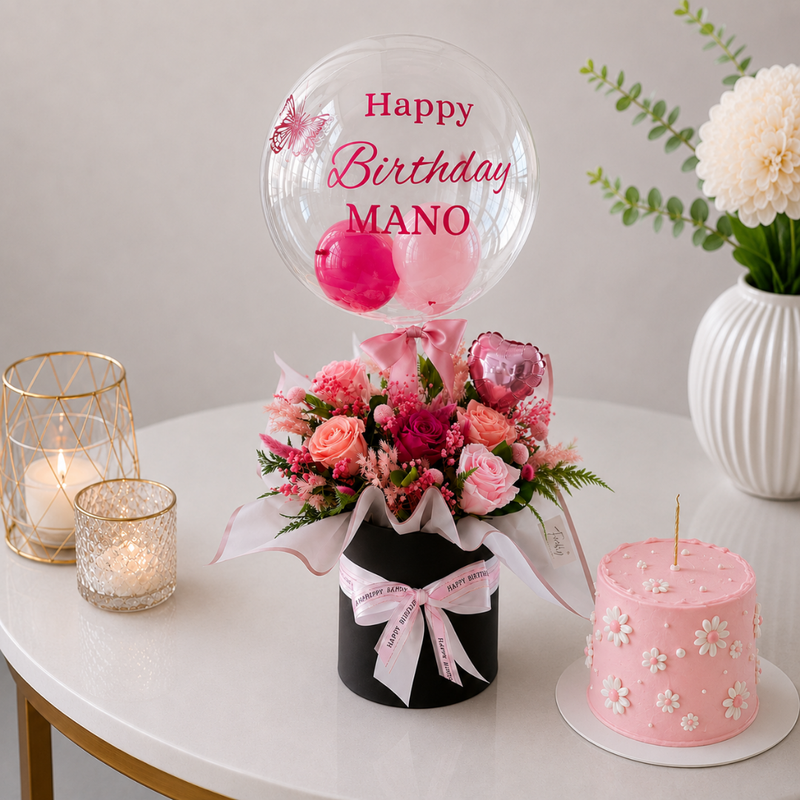Pink Birthday Flower Box with Balloon and Cake