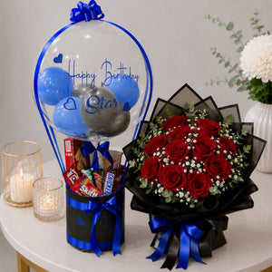 Happy Birthday Star Blue Bobo Balloon Snack Box with Red Rose Bouquet