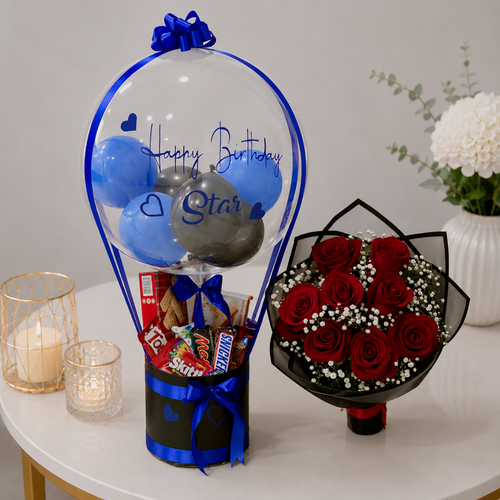 Blue Birthday Bobo Balloon Snack Box with Roses