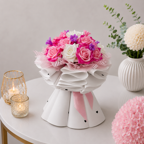 Artificial Lush Pink Purple and White Premium Rose Bouquet