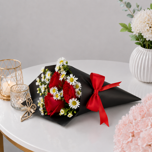 Red Roses and White Daisies Mini Black Wrap Bouquet