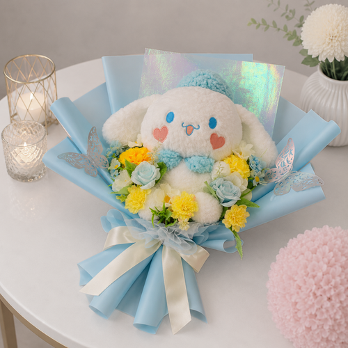 Cinnamoroll Plush Bouquet with Blue and Yellow Flowers