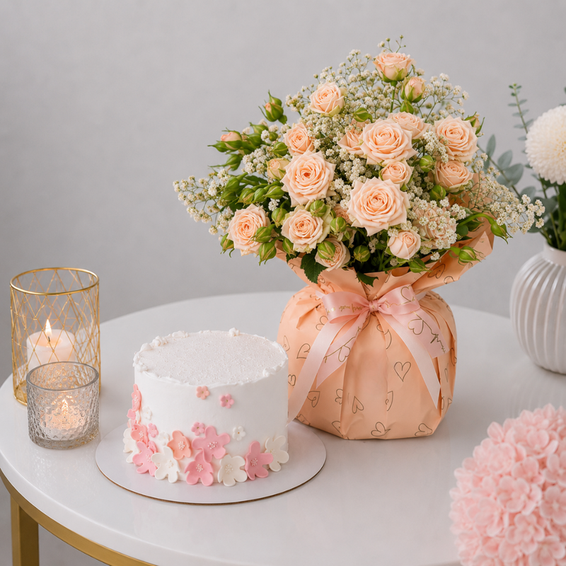 Peach Spray Rose Bouquet with White Blossom Cake