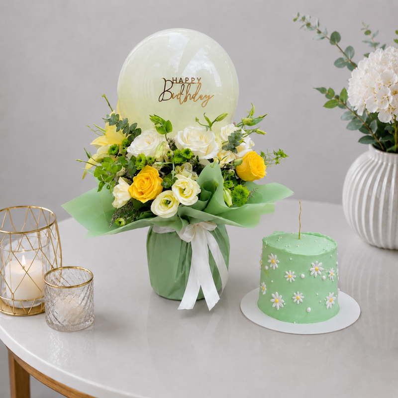 Green Garden Birthday Flower Basket with Balloon and Cake