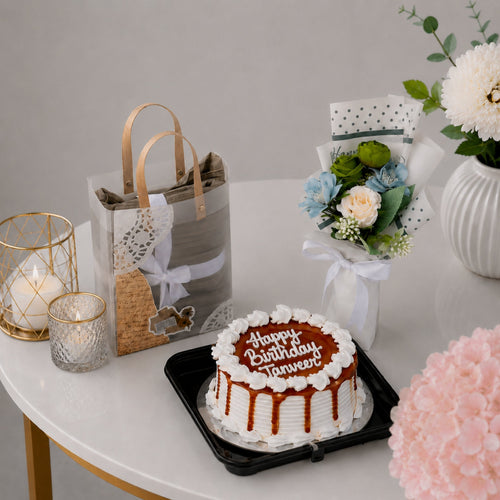 Birthday Caramel Cake Blue Floral Bouquet Gift Set