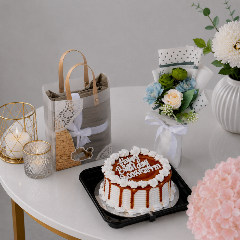 Birthday Caramel Cake Blue Floral Bouquet Gift Set