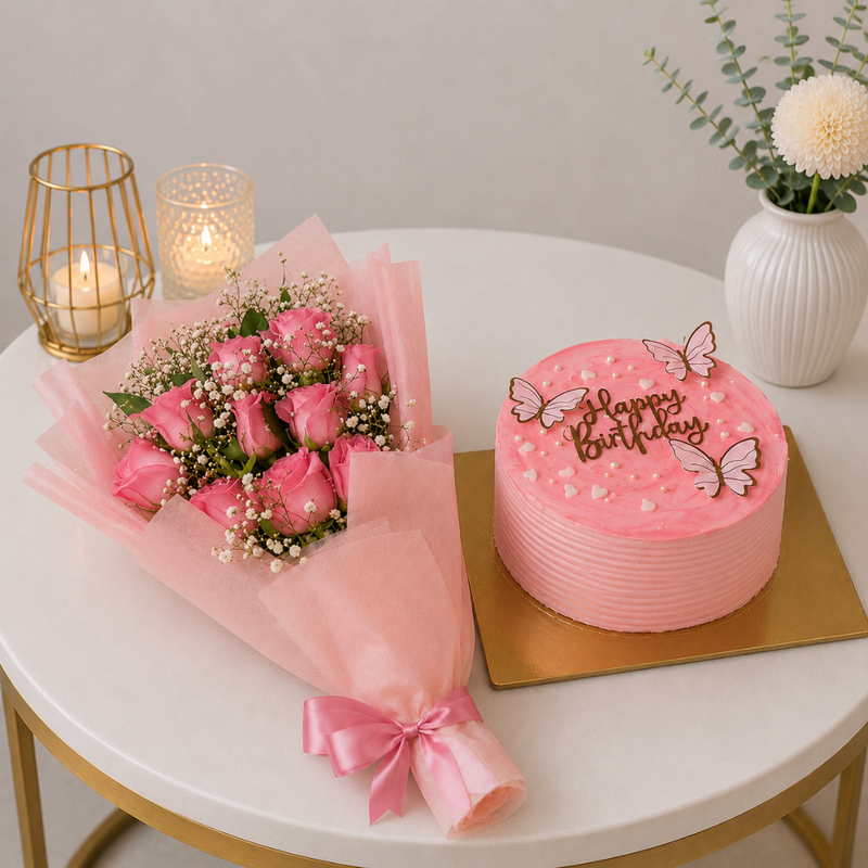 Pink Birthday Cake and Rose Bouquet Gift Bundle