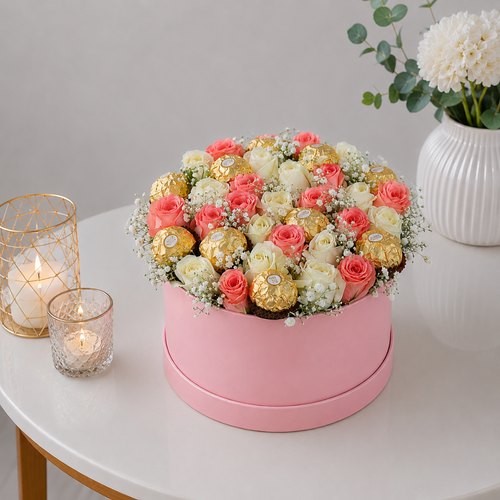 Pink Round Box Coral White,Pink Roses Ferrero Rocher