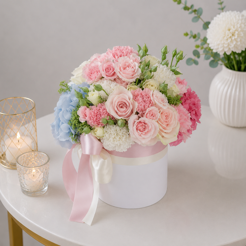 White Round Box Pink Roses Blue Hydrangea Carnations
