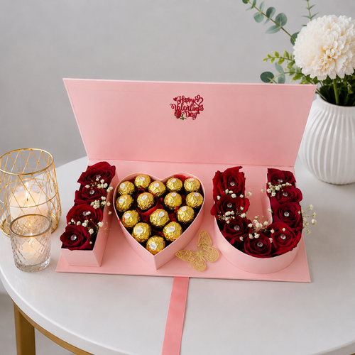 Pink Valentine Box Dark Red Roses Ferrero Butterfly