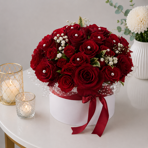 White Hatbox 50 Red Roses Pearl Pins Baby's Breath