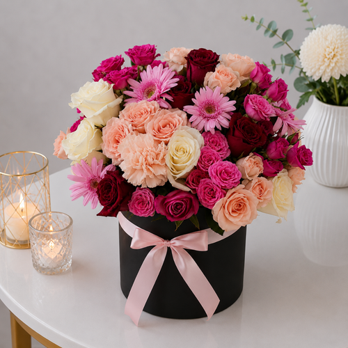 Black Round Box Mixed Roses Gerbera Pink Ribbon