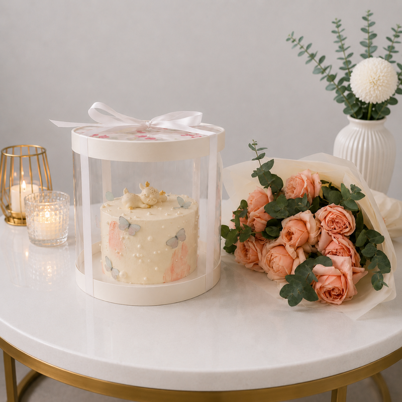 Butterfly Birthday Cake Box with Peach Garden Rose Bouquet
