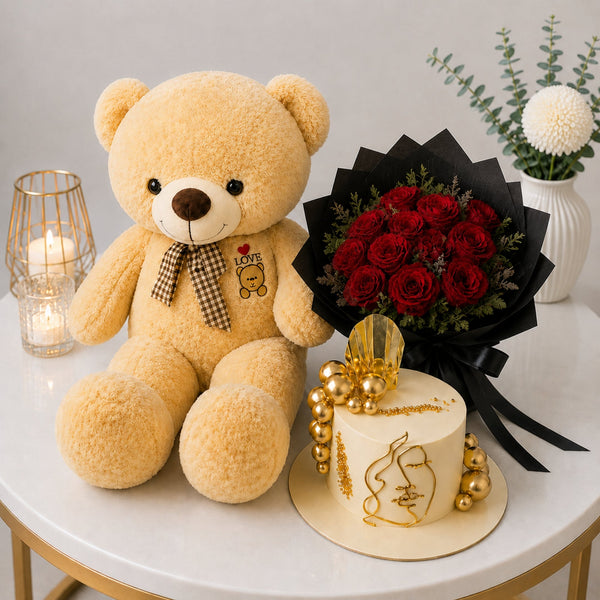 Teddy Bear Red Rose Bouquet and Gold Art Deco Birthday Cake Gift Set