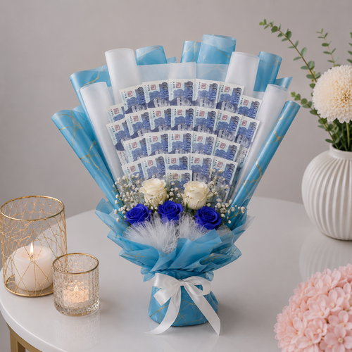 Blue Sky Money Bouquet with Roses