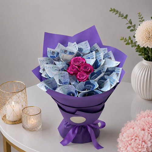 Purple Money Bouquet with Magenta Roses