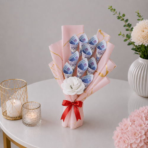 Pink Marble Money Bouquet White Flower