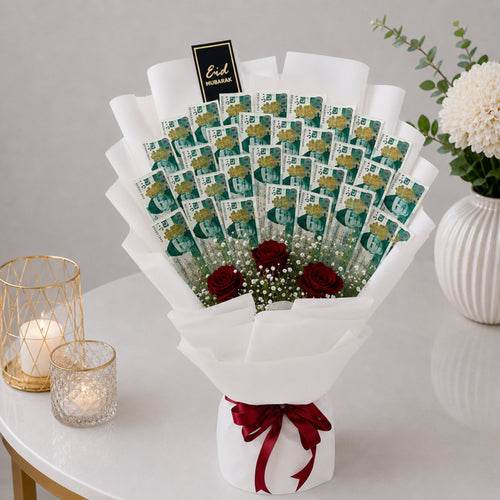 Eid Mubarak Money Bouquet with Pakistani Currency Notes and Red Roses