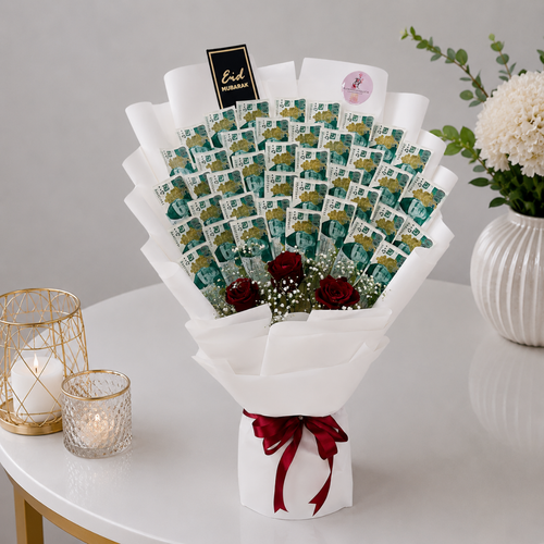 Eid Mubarak Money Bouquet White with Roses