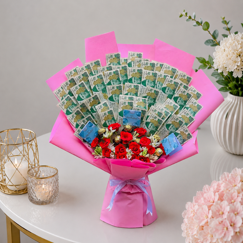 Birthday Money Bouquet Pink Roses and Chocolates